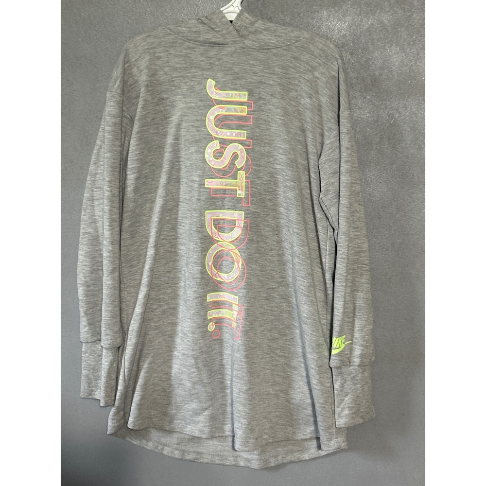 Nike Girls Grey Just Do It Hooded Tunic Long Sleeve Graphic Top Size 5-6 XS